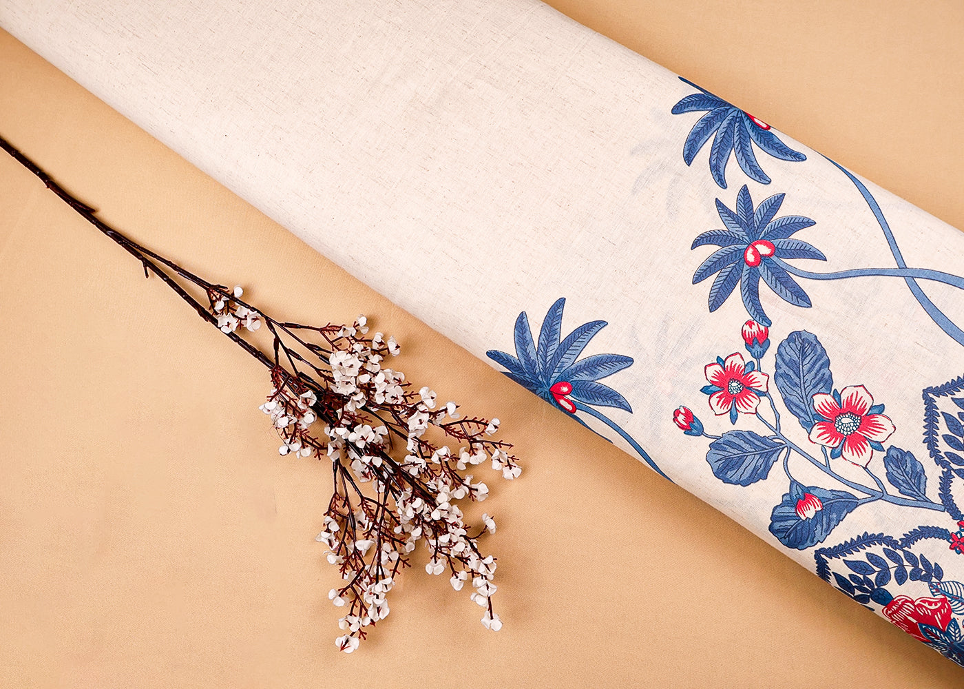 Blue Cotton Flex Fabric with Hand Block Floral Border Print 15478