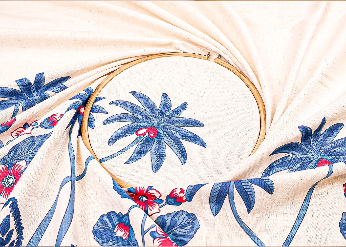 Blue Cotton Flex Fabric with Hand Block Floral Border Print 15478