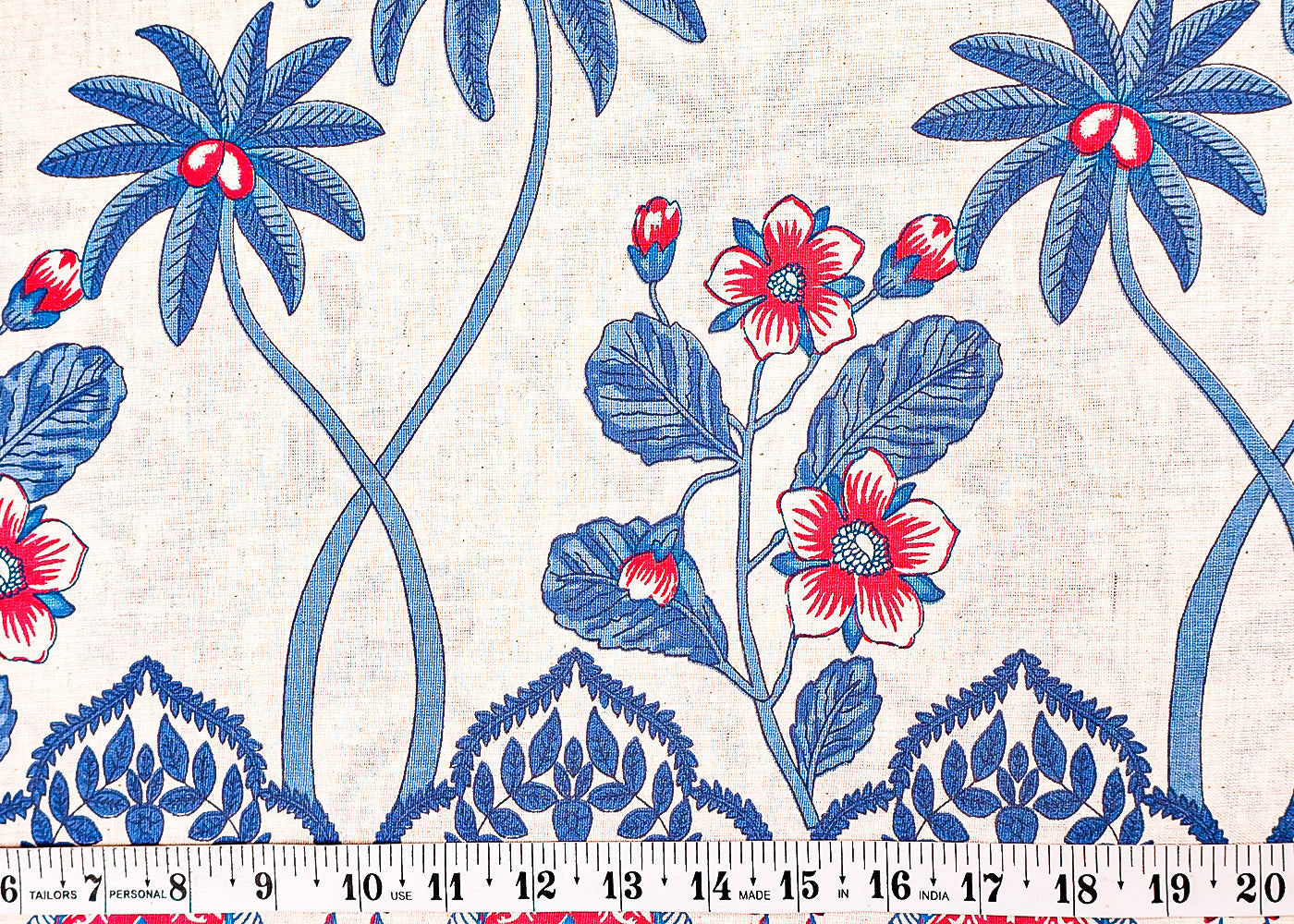 Blue Cotton Flex Fabric with Hand Block Floral Border Print 15478