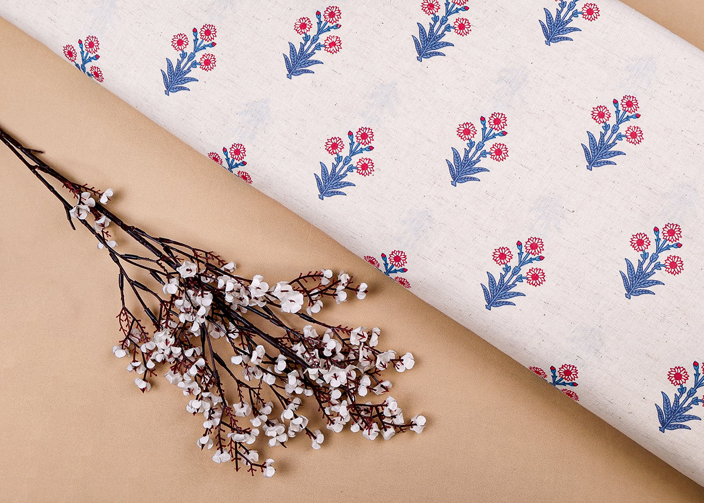 Blue Cotton Flex Fabric with Hand Block Allover Traditional Print 15479