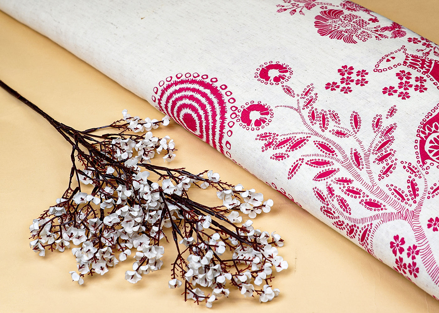 Pink Cotton Flex Fabric with Hand Block Floral Border Print 15480