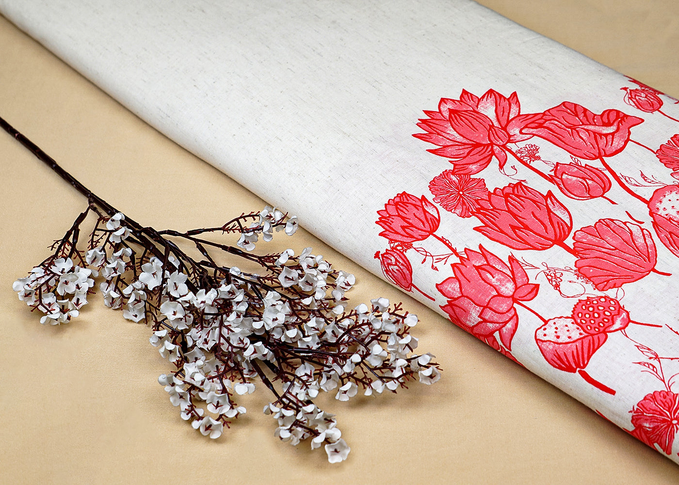 Pink Cotton Flex Fabric with Hand Block Floral Border Print 15485