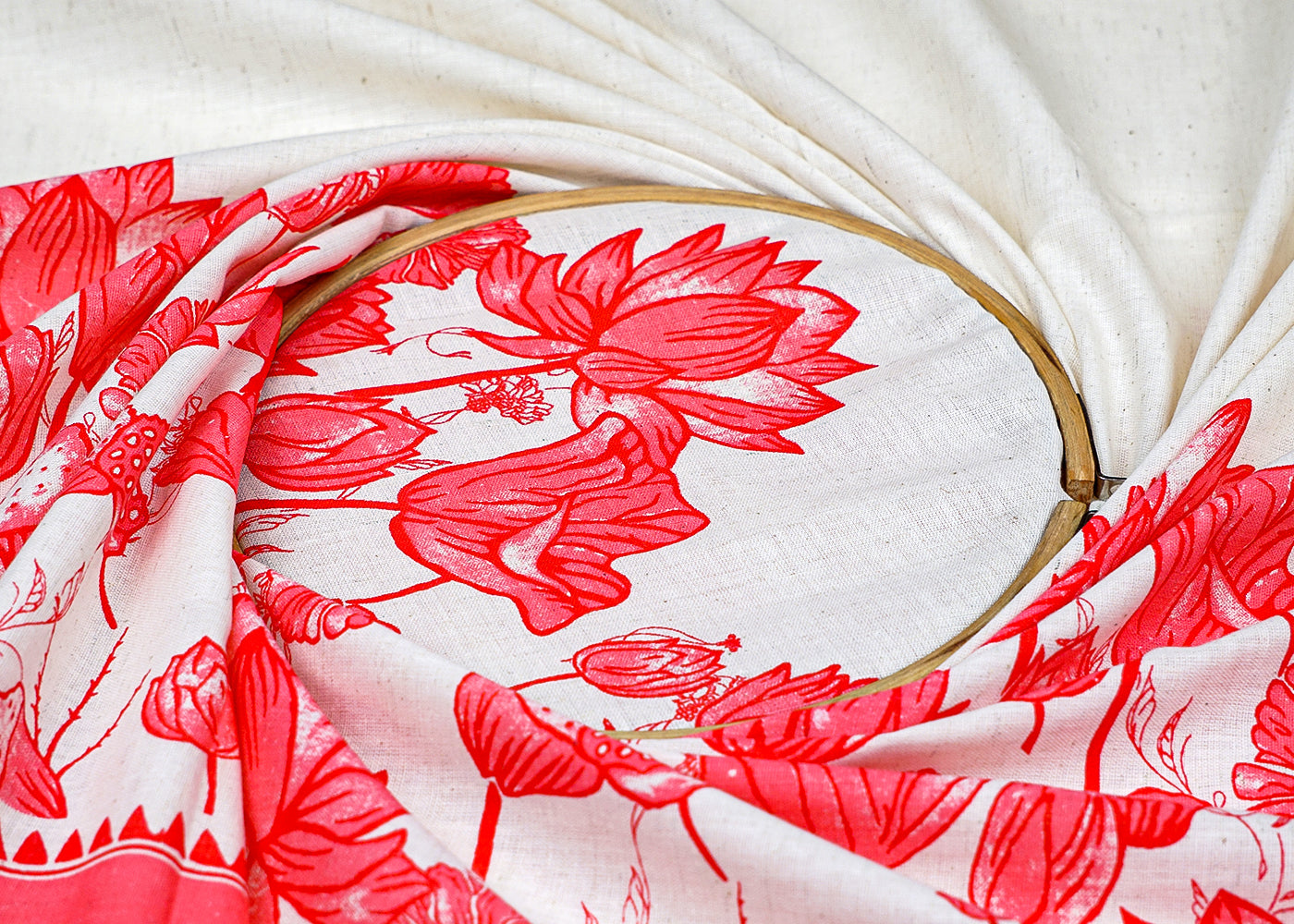 Pink Cotton Flex Fabric with Hand Block Floral Border Print 15485