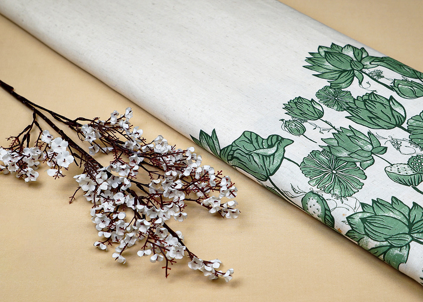 Green Cotton Flex Fabric with Hand Block Floral Border Print 15486