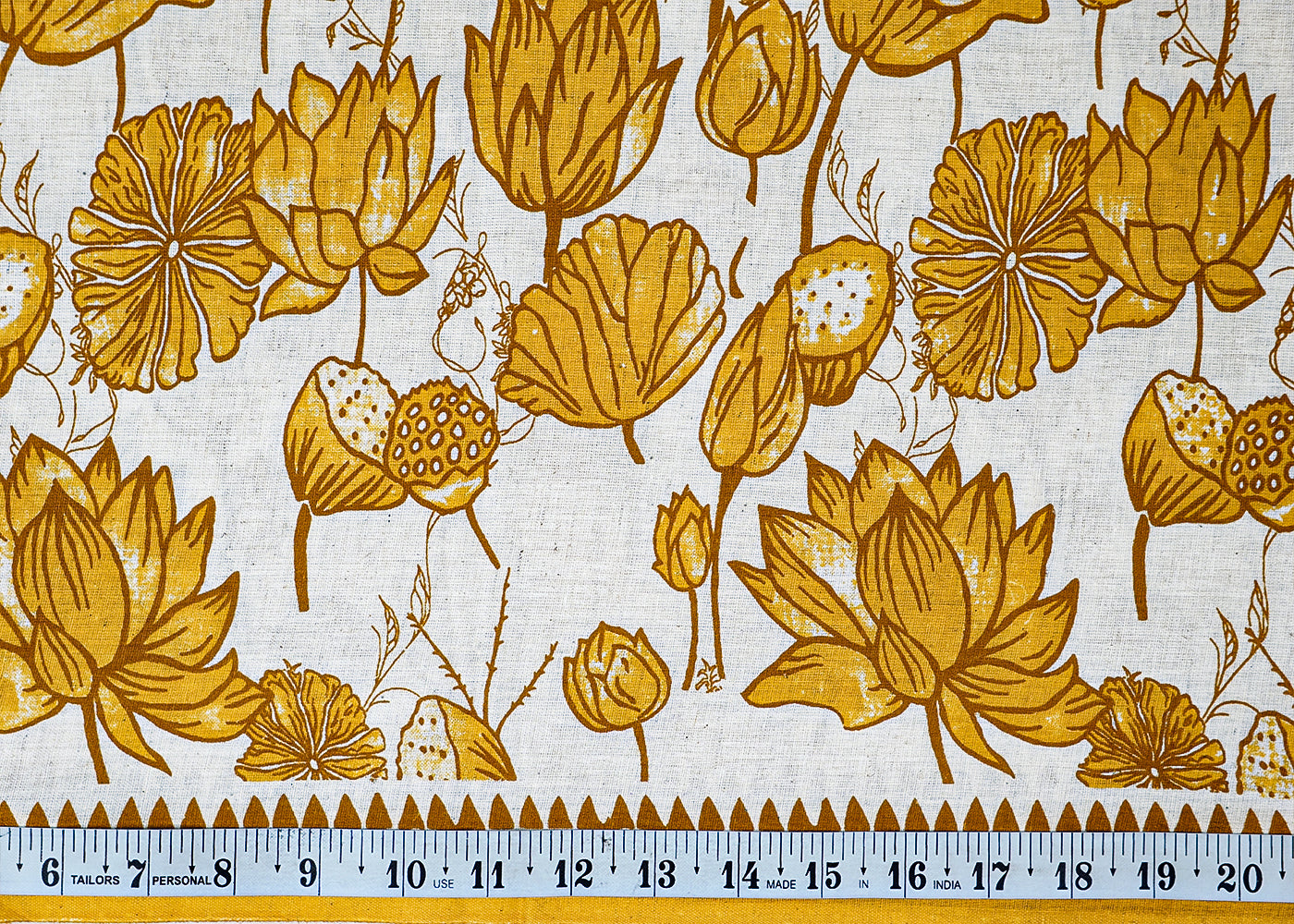 Mustard Cotton Flex Fabric with Hand Block Floral Border Print 15487