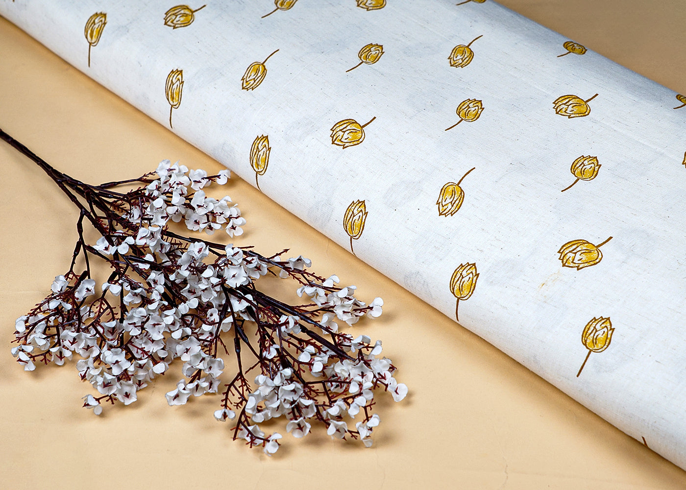 Mustard Cotton Flex Fabric with Hand Block Allover Floral Print 15488