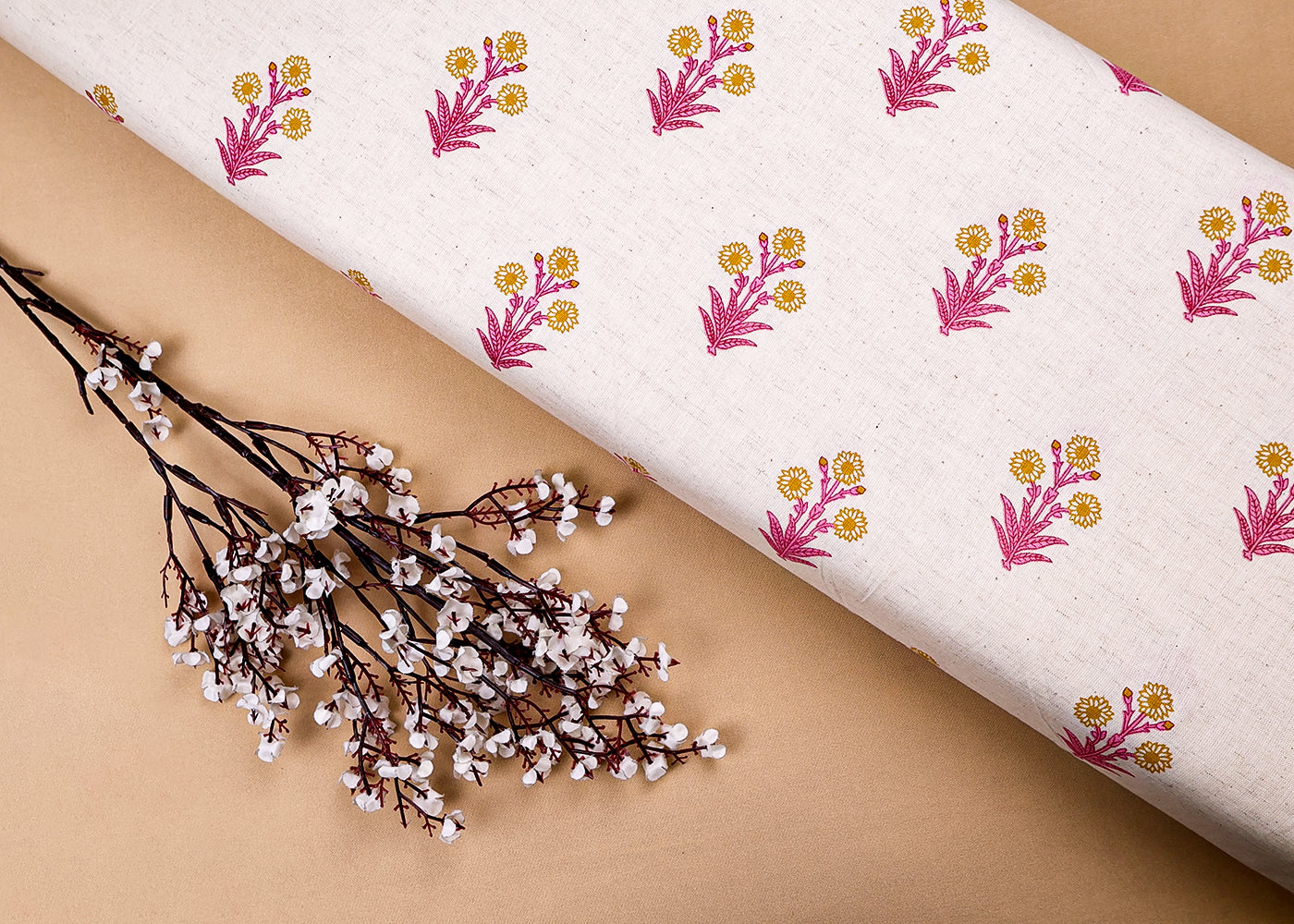 Pink Cotton Flex Fabric with Hand Block Allover Traditional Print 15490