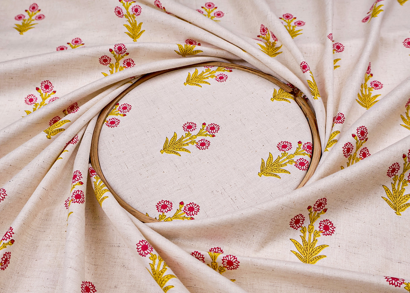 Yellow Cotton Flex Fabric with Hand Block Allover Traditional Print 15491