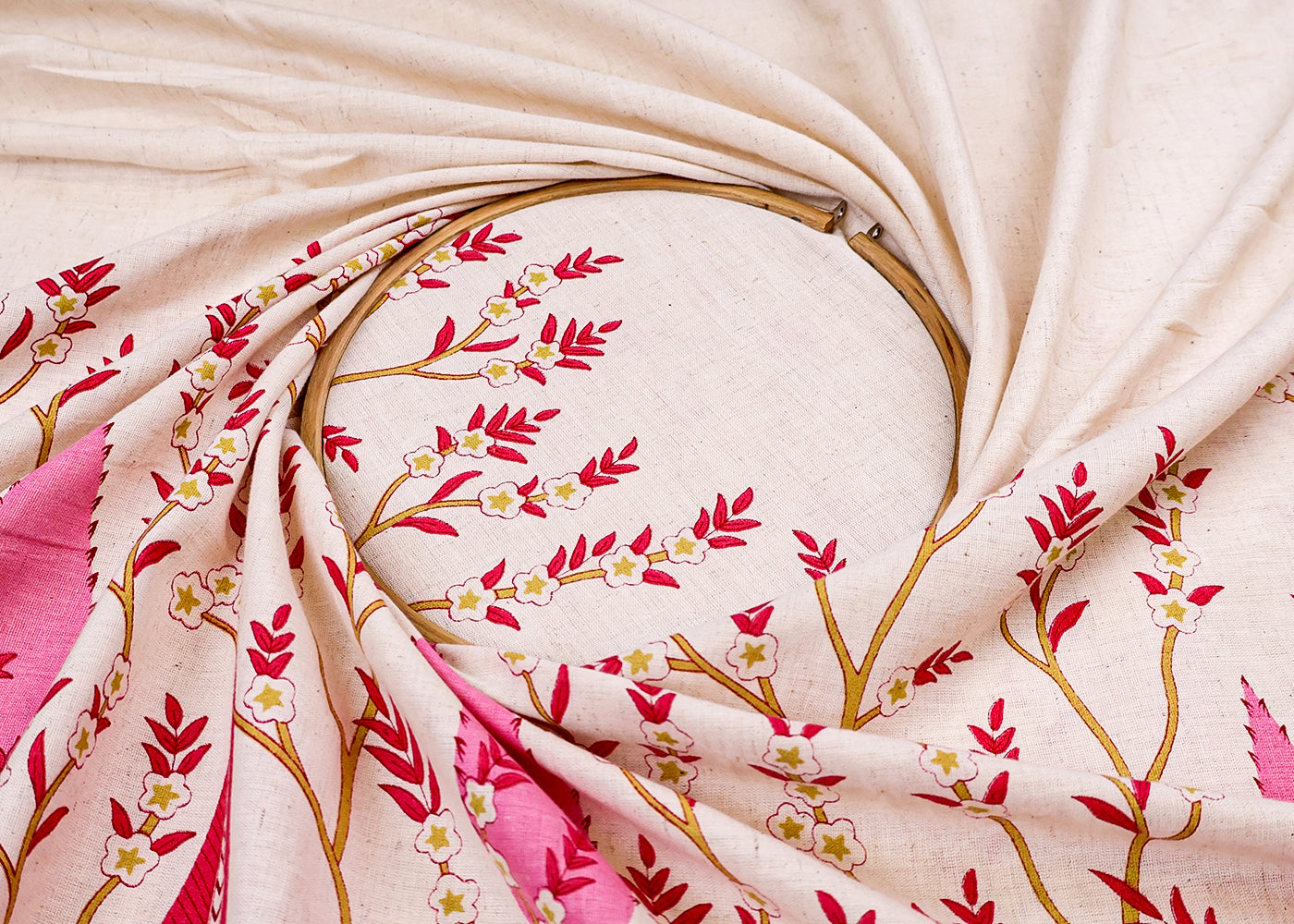 Pink Cotton Flex Fabric with Hand Block Traditional Border Print 15492