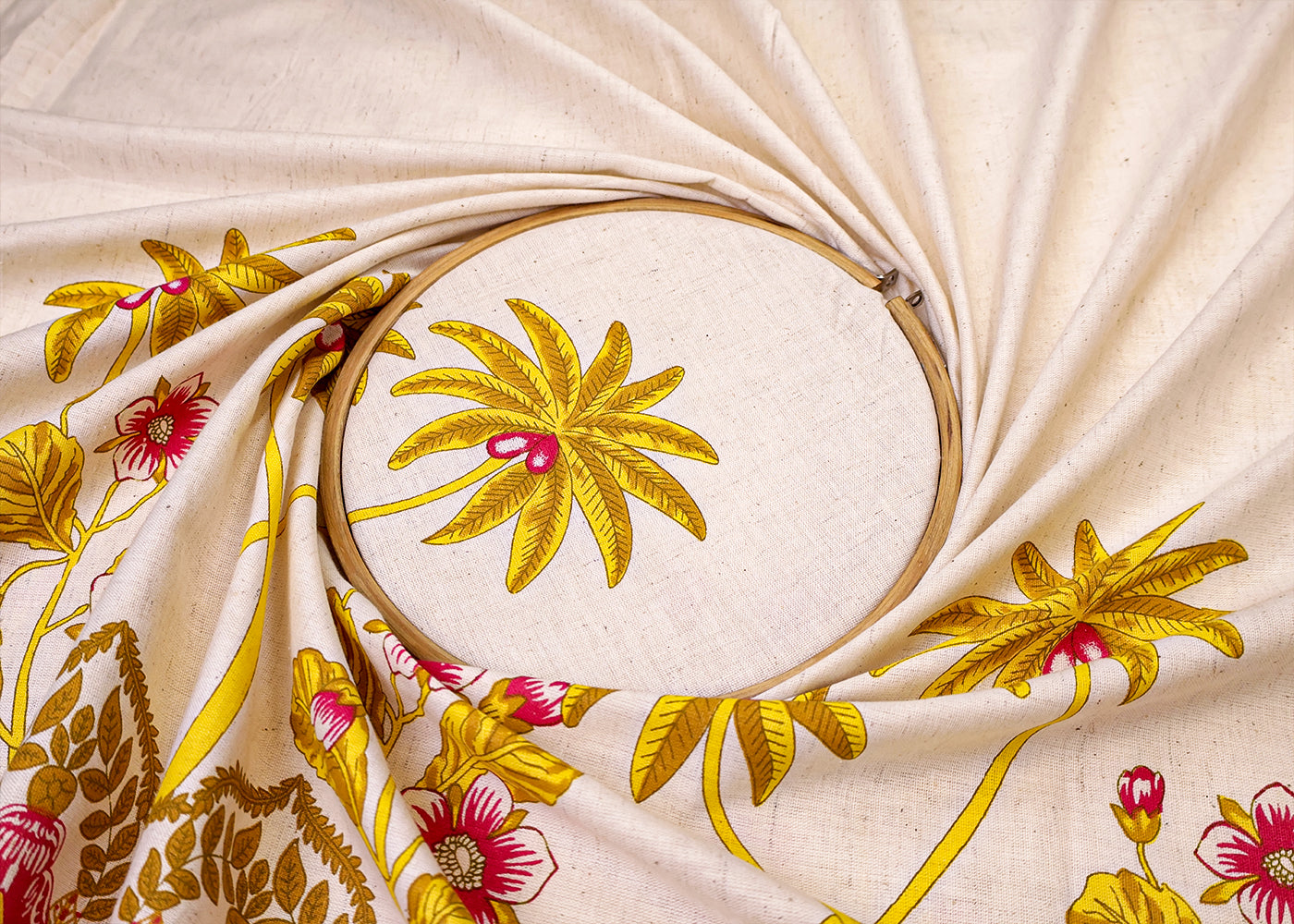 Yellow Cotton Flex Fabric with Hand Block Traditional Border Print 15493