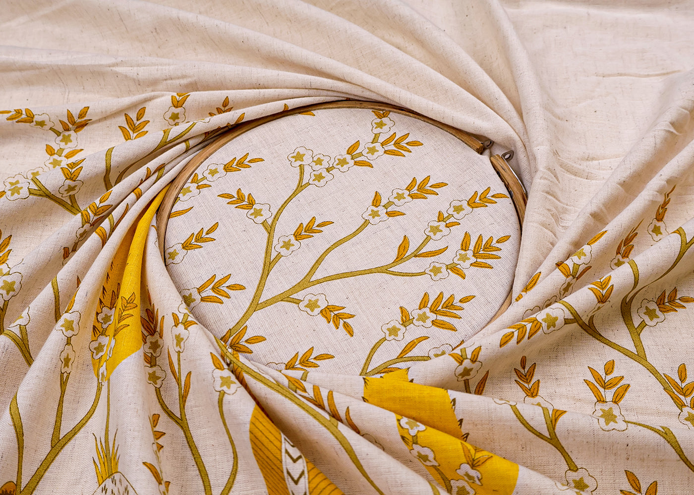Yellow Cotton Flex Fabric with Hand Block Traditional Border Print 15499