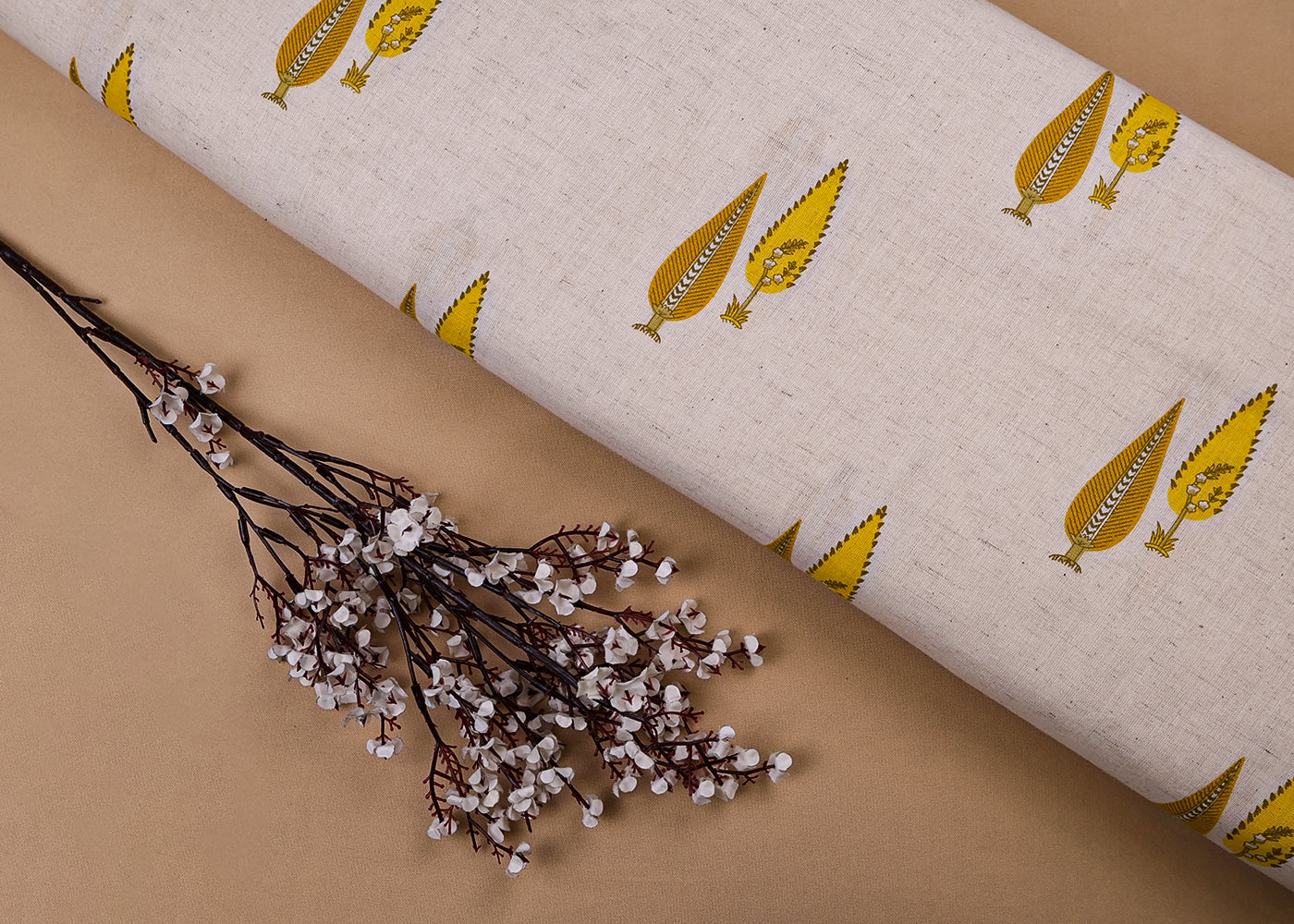 Yellow Cotton Flex Fabric with Hand Block Allover Traditional Print 15500