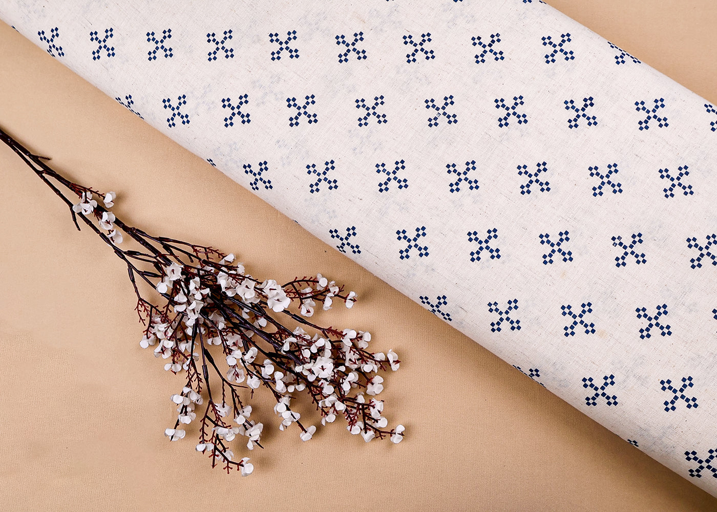 Blue Cotton Flex Fabric with Hand Block Allover Traditional Print 15505