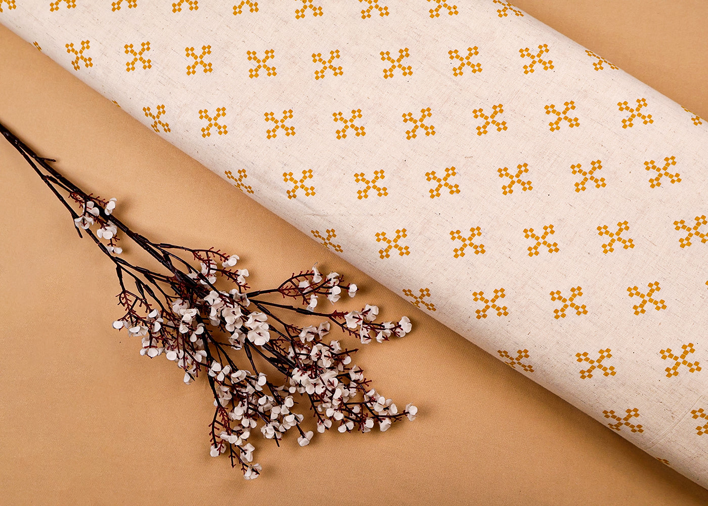 Yellow Cotton Flex Fabric with Hand Block Allover Traditional Print 15506