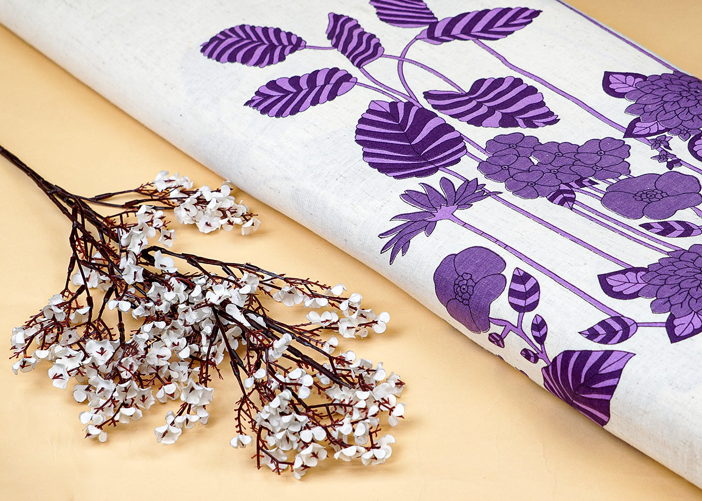 Purple Cotton Flex Fabric with Hand Block Floral Border Print 15507