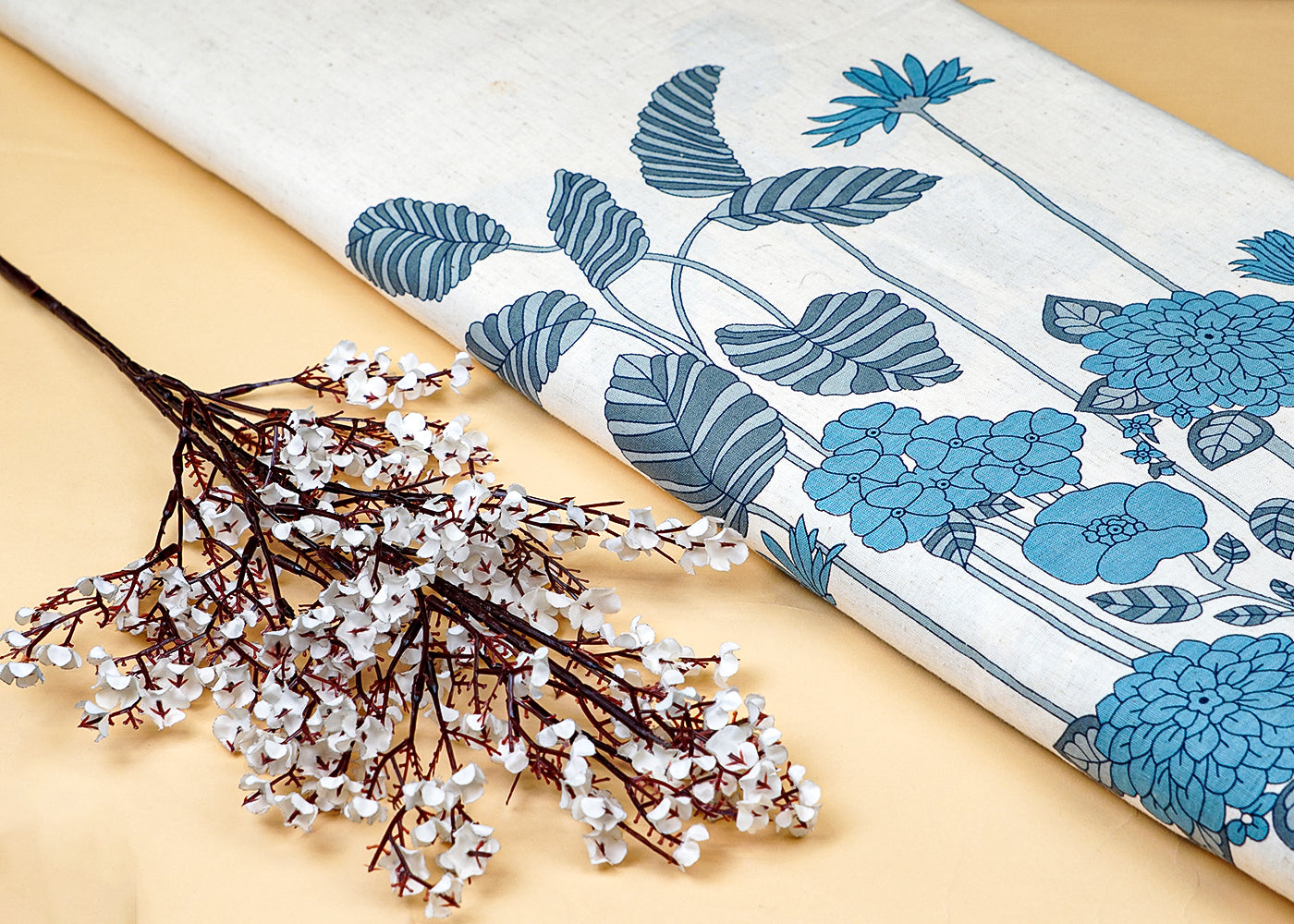 Blue Cotton Flex Fabric with Hand Block Floral Border Print 15508
