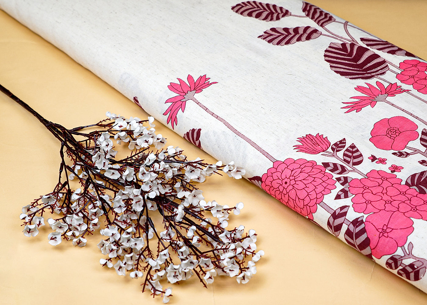 Pink Cotton Flex Fabric with Hand Block Floral Border Print 15511
