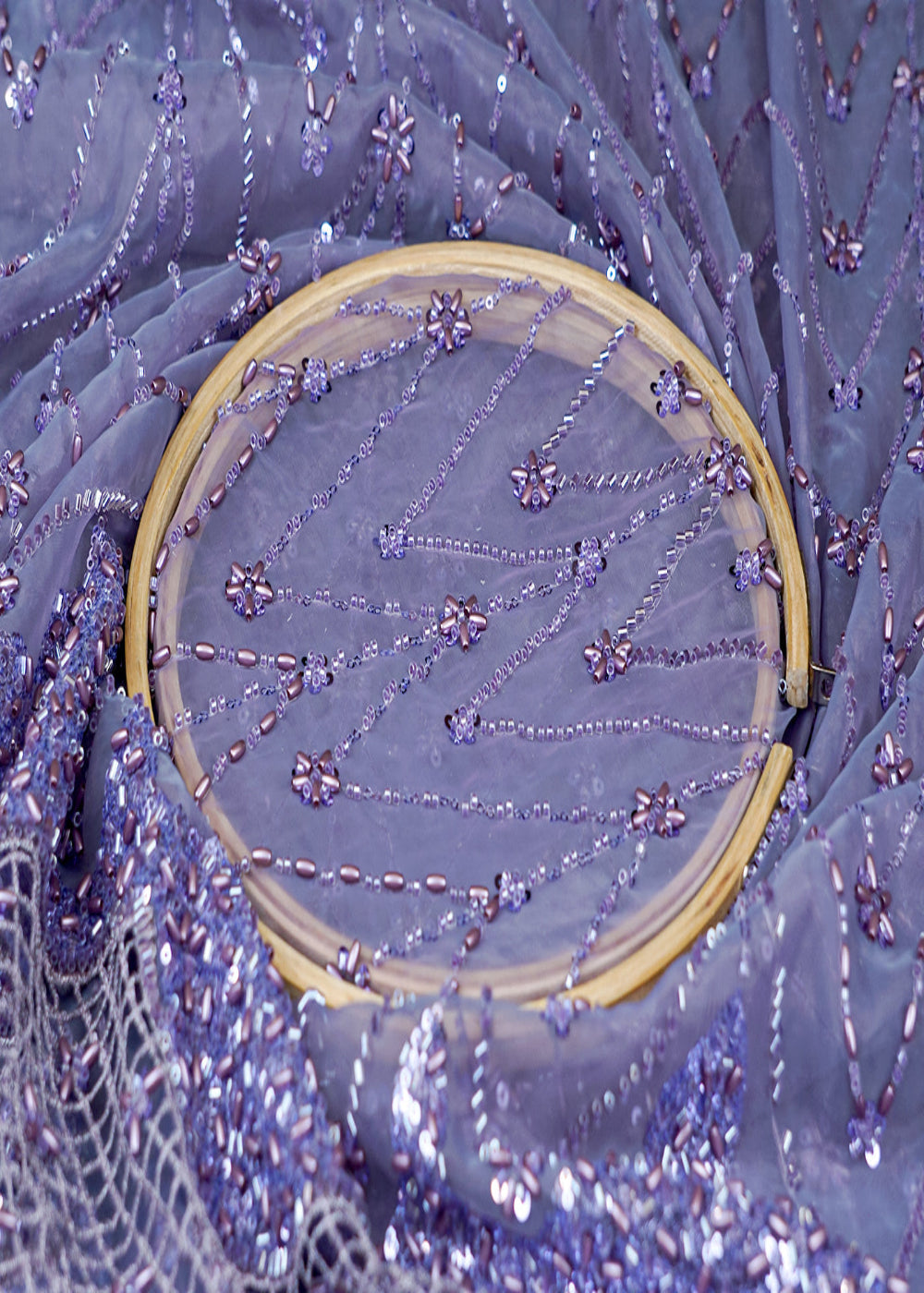 Lavender-Imported-Organza-Satin-Fabric-with-All-Over-Katdana,-Bead-&-Sequins-Work-with-One-Side-Cutwork-and-Scalloped-Border-15514-close-view