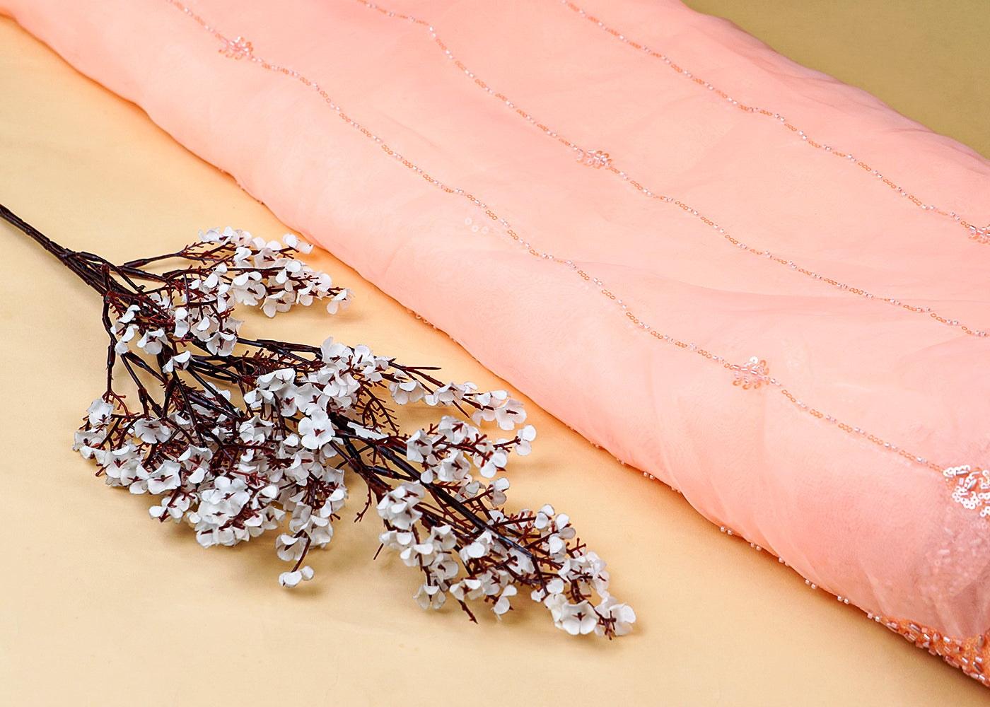 Neon Peach Imported Jimmy Choo Dupatta Fabric with All-Over Katdana & Sequins Work and Two-Side Border 15515