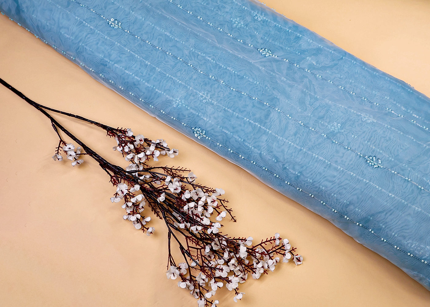 Sky Blue Imported Jimmy Choo Dupatta Fabric with All-Over Katdana & Sequins Work and Two-Side Border 15516