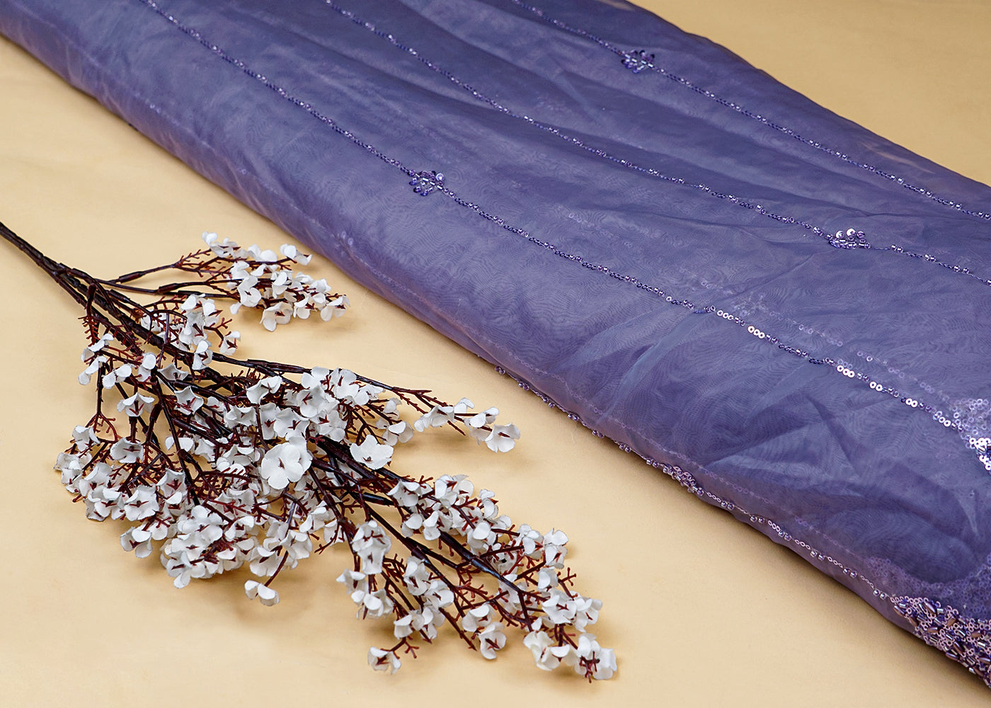 Lavender Imported Jimmy Choo Dupatta Fabric with All-Over Katdana & Sequins Work and Two-Side Border 15517