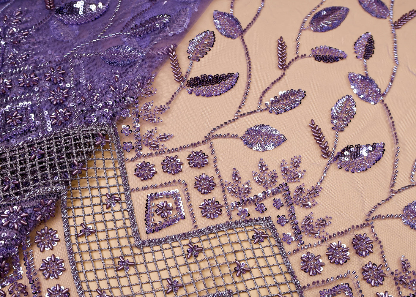 Purple Imported Net Fabric With All Over Bead And Sequins Work With Cutwork And Scalloped Border 15518