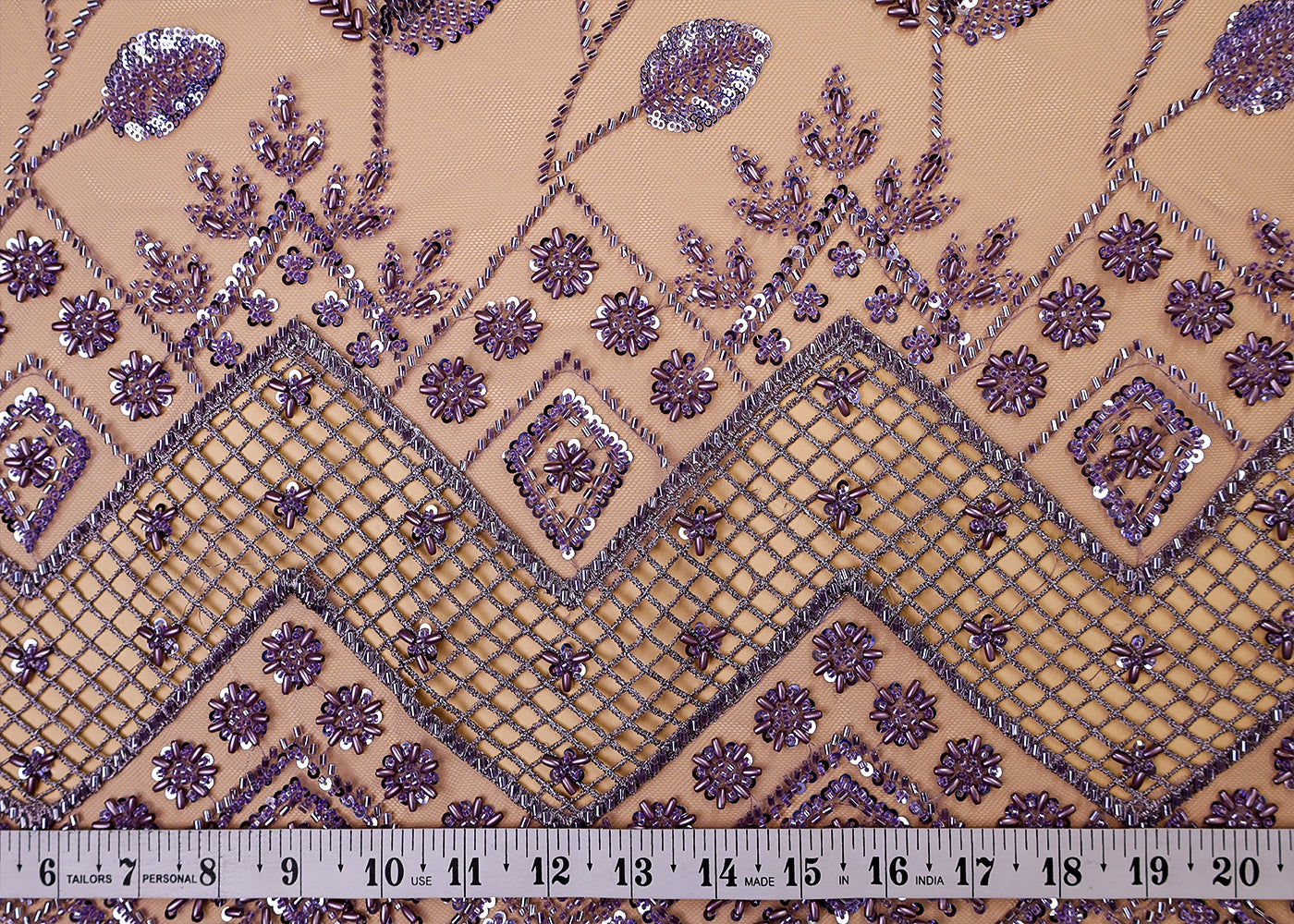 Purple Imported Net Fabric With All Over Bead And Sequins Work With Cutwork And Scalloped Border 15518