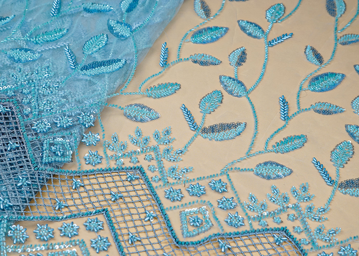 Sky Blue Imported Net Fabric With All Over Bead And Sequins Work With Cutwork And Scalloped Border 15519