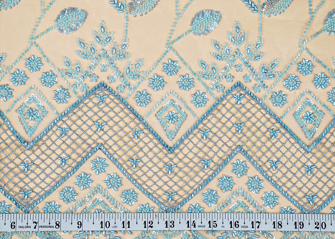 Sky Blue Imported Net Fabric With All Over Bead And Sequins Work With Cutwork And Scalloped Border 15519