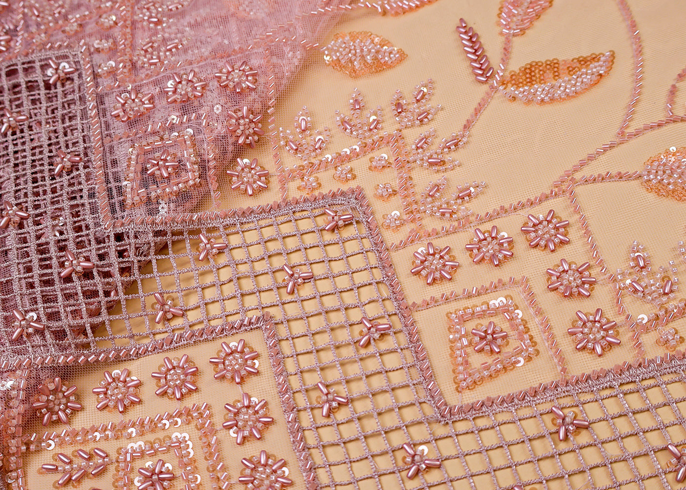 Peach Pink Imported Net Fabric With All Over Bead And Sequins Work With Cutwork And Scalloped Border 15520