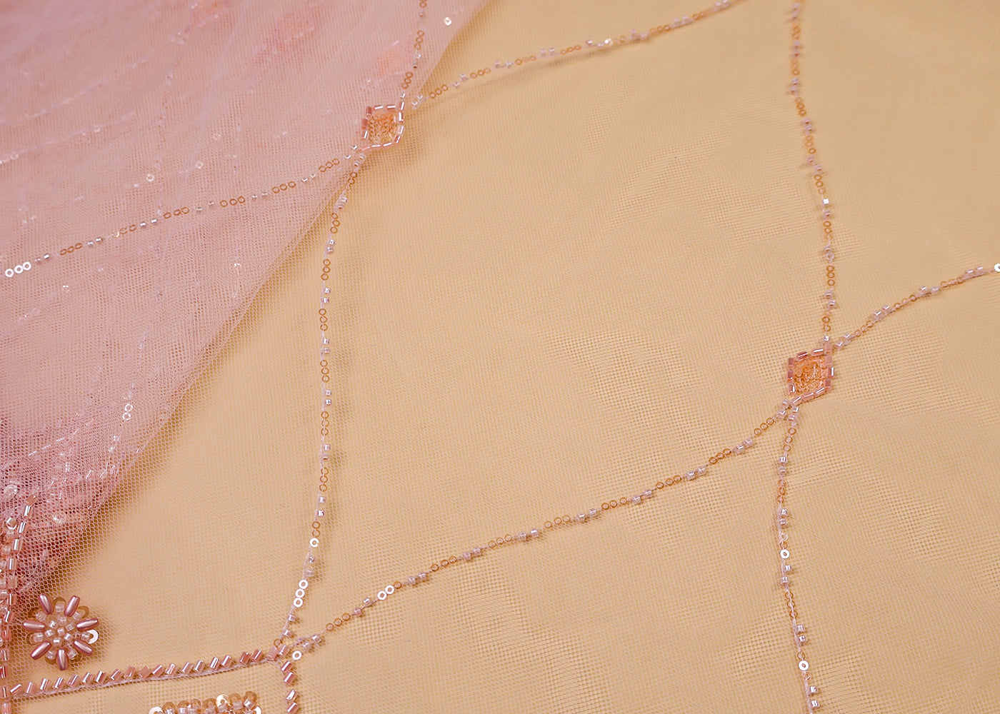 Peach Pink Imported Net Dupatta Fabric With All Over Bead And Sequins Work With Scalloped Borders 15523