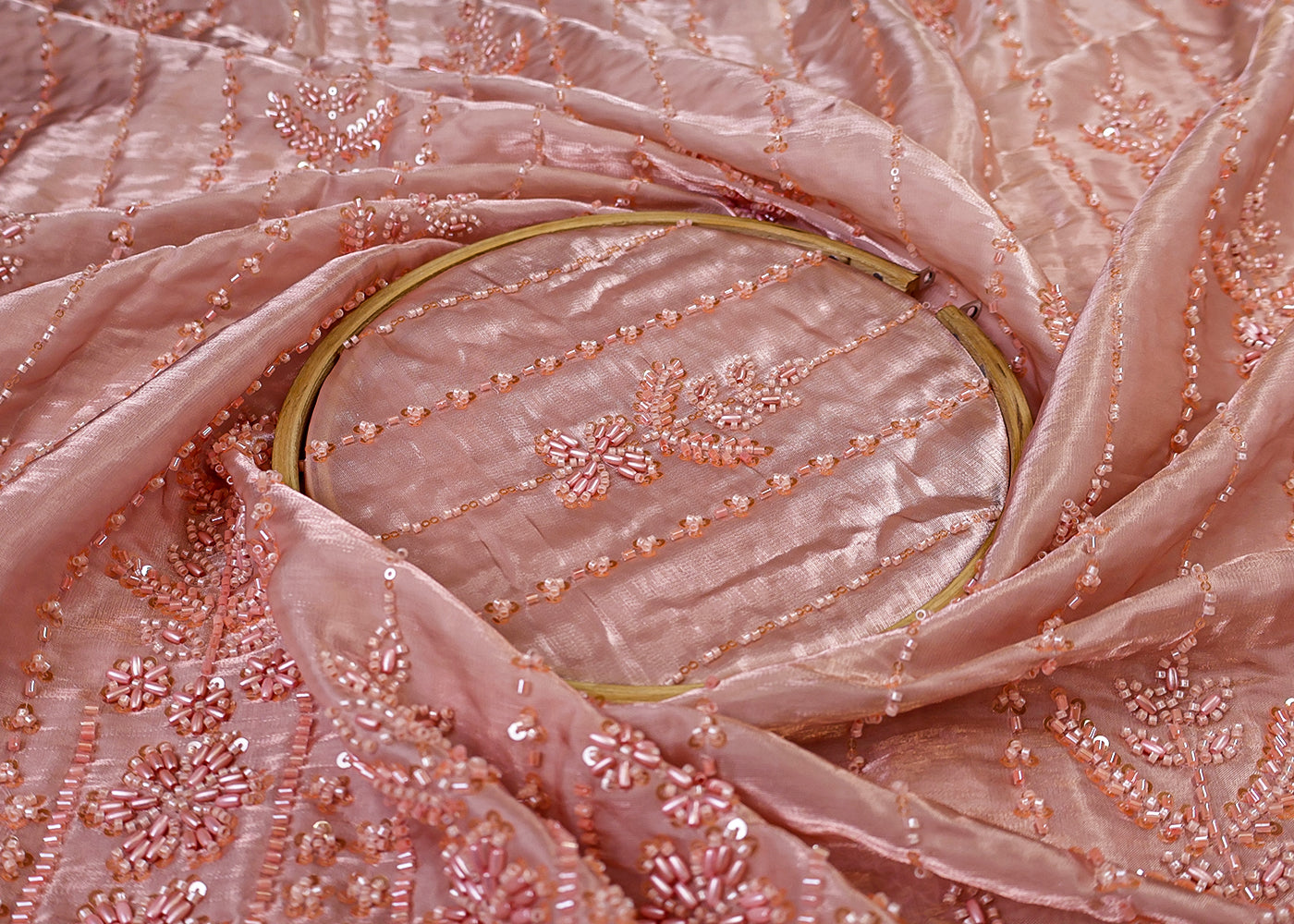 Peach Imported Organza Satin Fabric with All Over Katdana, Bead & Sequins Work with One Side Cutwork and Scalloped Border 15524