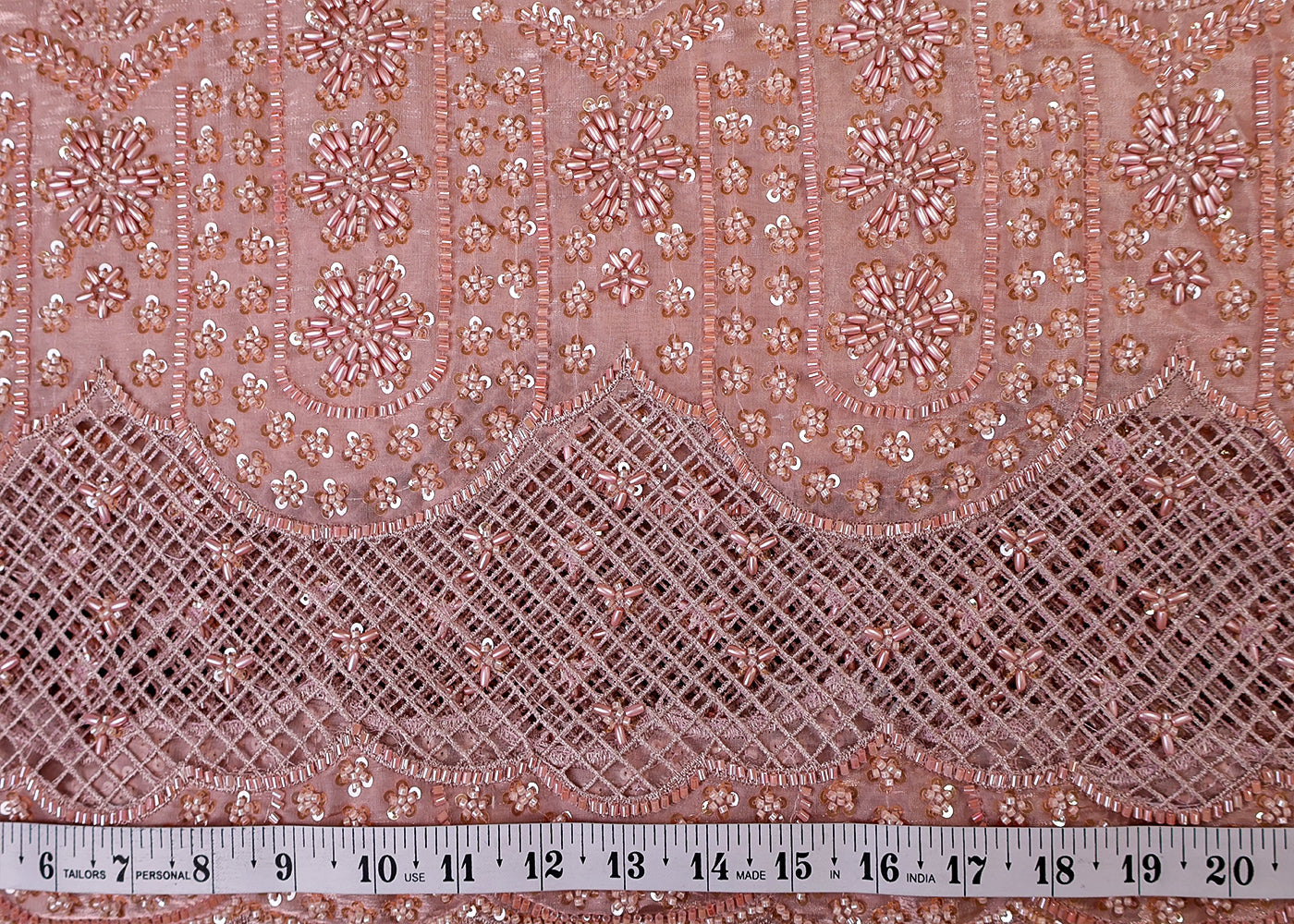 Peach Imported Organza Satin Fabric with All Over Katdana, Bead & Sequins Work with One Side Cutwork and Scalloped Border 15524