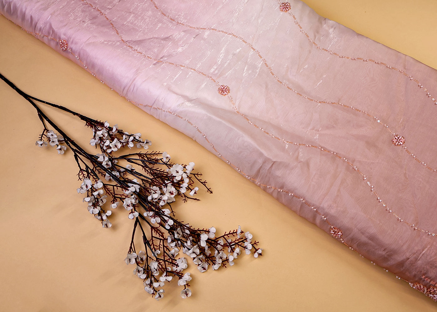Peach Imported Jimmy Choo Dupatta Fabric with All-Over Katdana, Bead & Sequins Work and Two-Side Border 15527