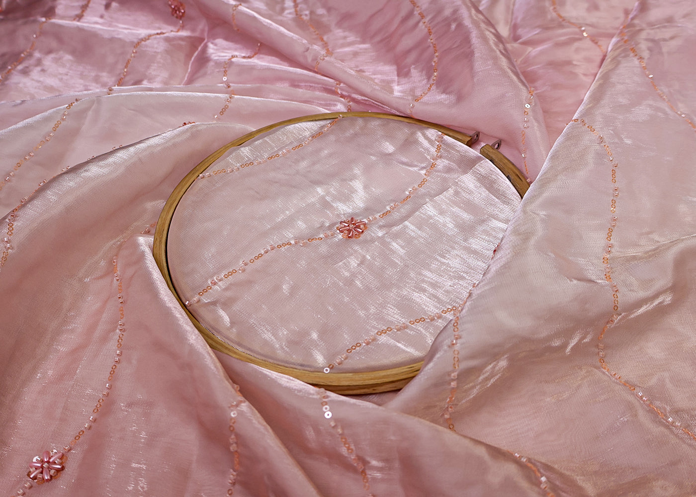 Peach Imported Jimmy Choo Dupatta Fabric with All-Over Katdana, Bead & Sequins Work and Two-Side Border 15527