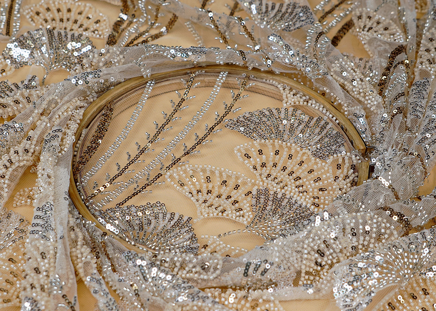 Cream Imported Net Fabric With All Over Bead And Sequins Work 15530