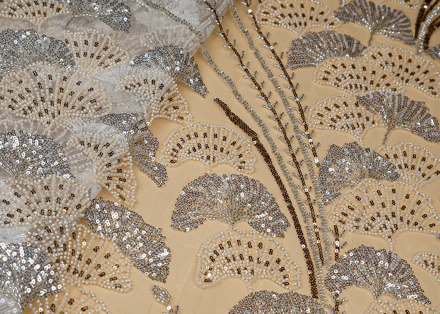 Cream Imported Net Fabric With All Over Bead And Sequins Work 15530
