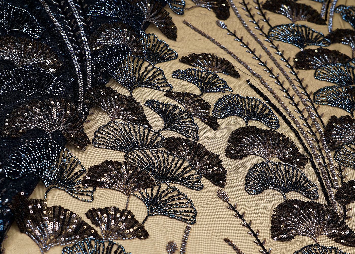 Black Imported Net Fabric With All Over Bead And Sequins Work 15531