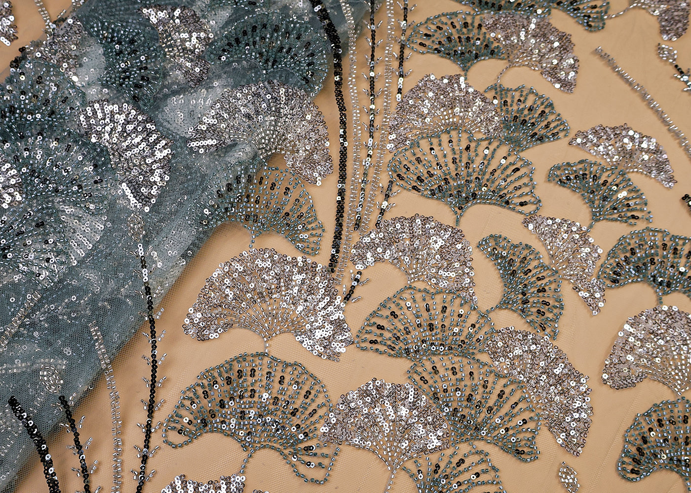 Sea Green Imported Net Fabric With All Over Bead And Sequins Work 15532