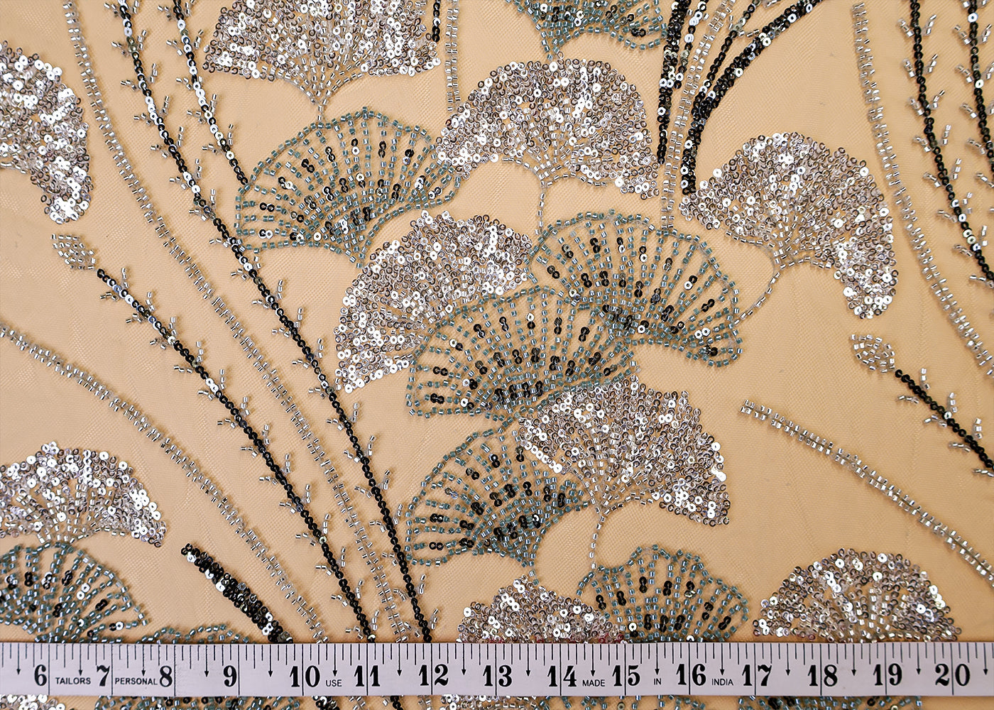 Sea Green Imported Net Fabric With All Over Bead And Sequins Work 15532