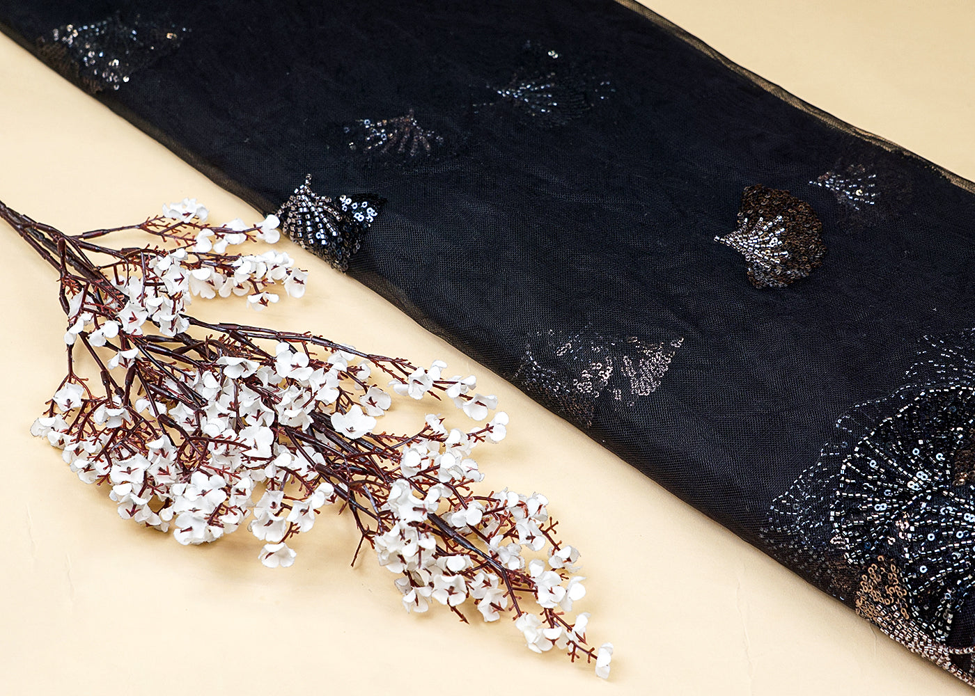 Black Imported Net Dupatta Fabric With All Over Bead And Sequins Work With Scalloped Borders 15535