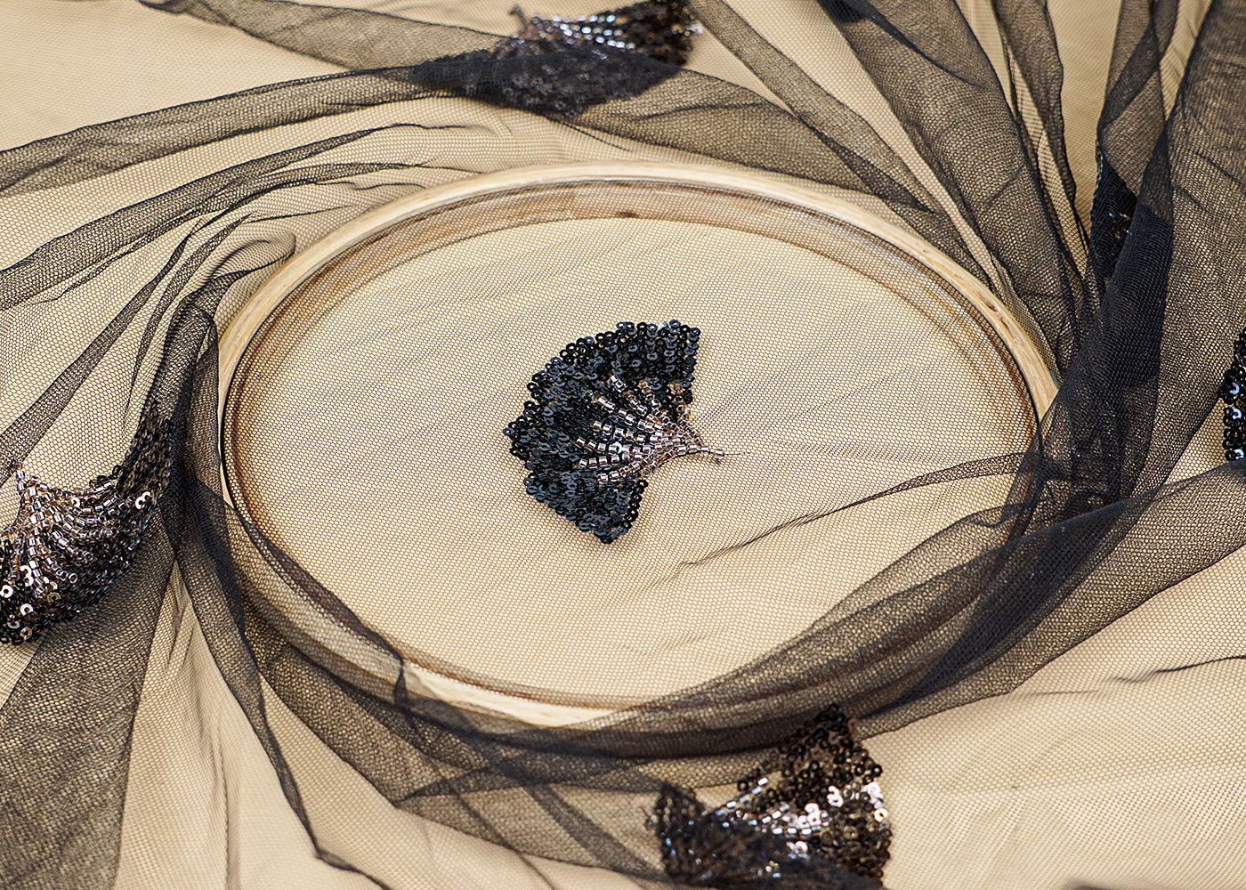 Black Imported Net Dupatta Fabric With All Over Bead And Sequins Work With Scalloped Borders 15535