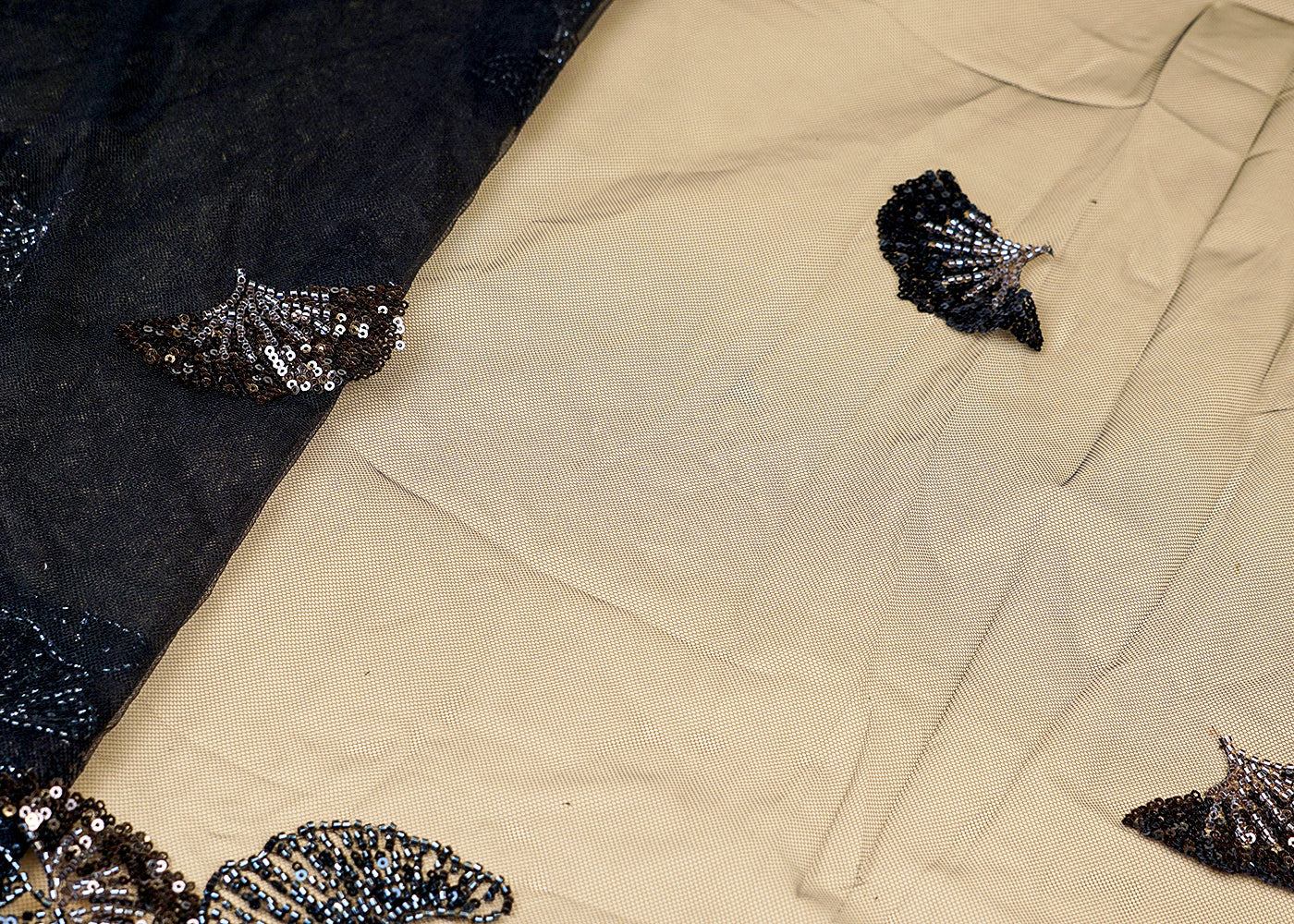 Black Imported Net Dupatta Fabric With All Over Bead And Sequins Work With Scalloped Borders 15535