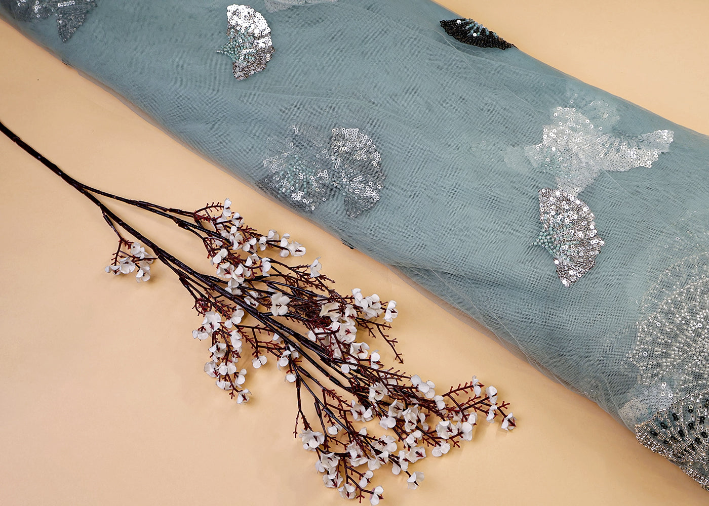 Sage Green Imported Net Dupatta Fabric With All Over Bead And Sequins Work With Scalloped Borders 15536