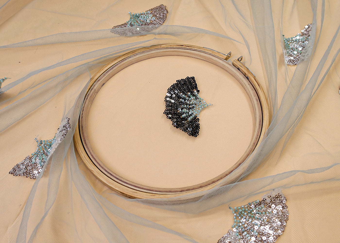 Sage Green Imported Net Dupatta Fabric With All Over Bead And Sequins Work With Scalloped Borders 15536