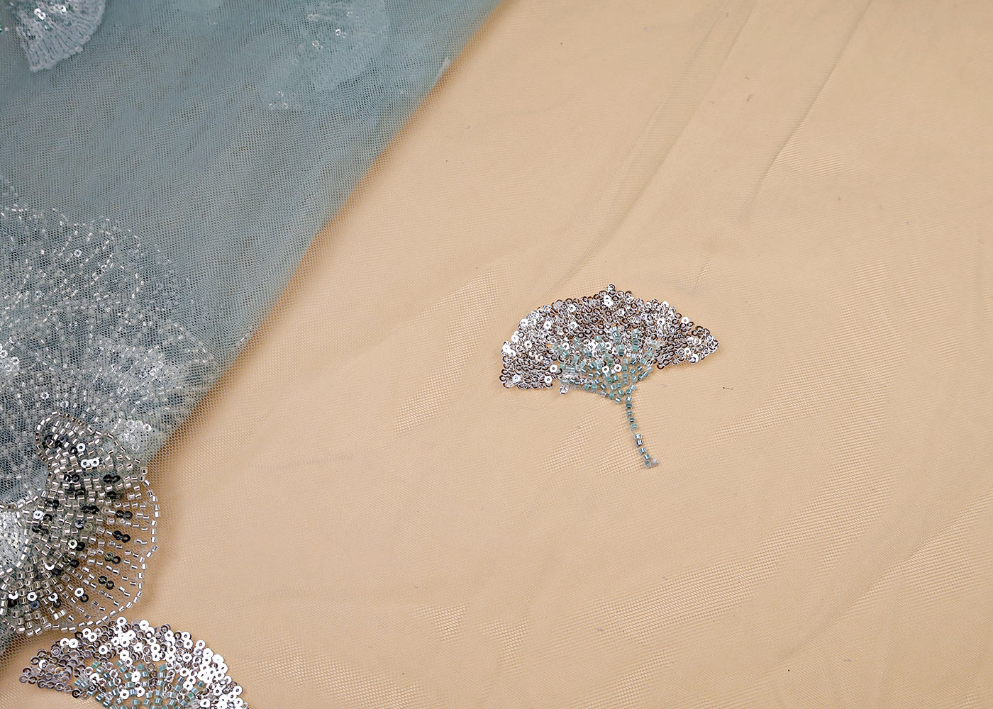 Sage Green Imported Net Dupatta Fabric With All Over Bead And Sequins Work With Scalloped Borders 15536