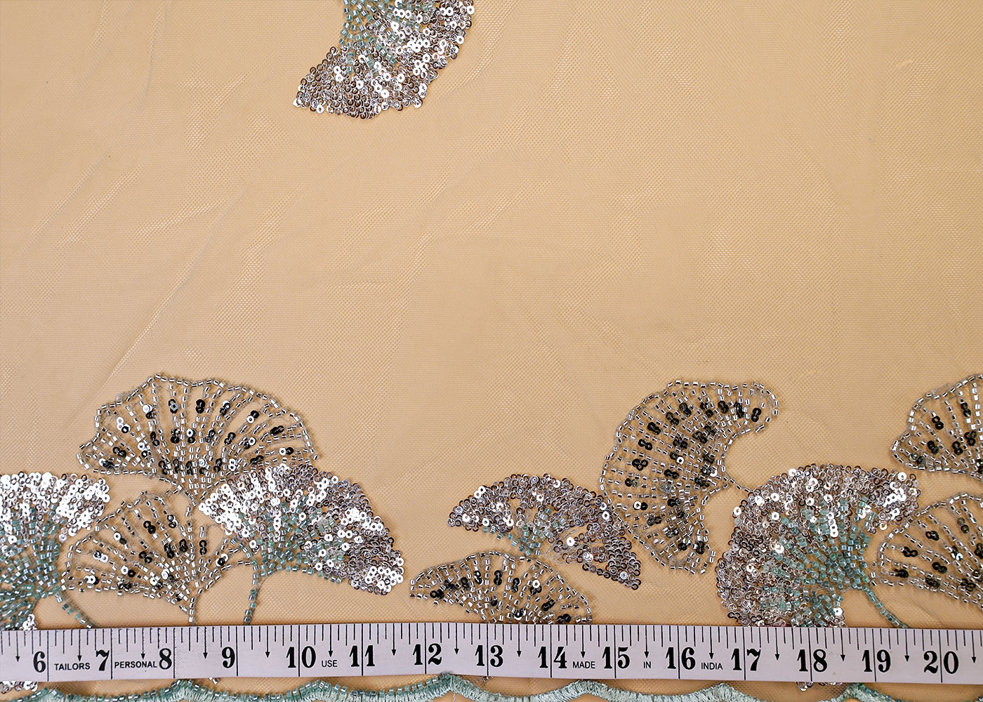 Sage Green Imported Net Dupatta Fabric With All Over Bead And Sequins Work With Scalloped Borders 15536