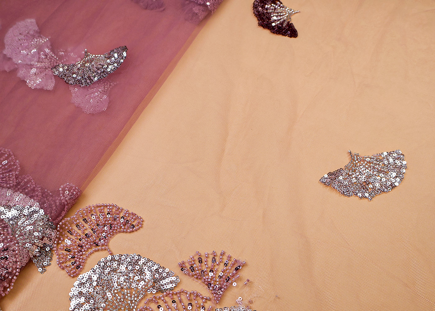 Onion Pink Imported Net Dupatta Fabric With All Over Bead And Sequins Work With Scalloped Borders 15537