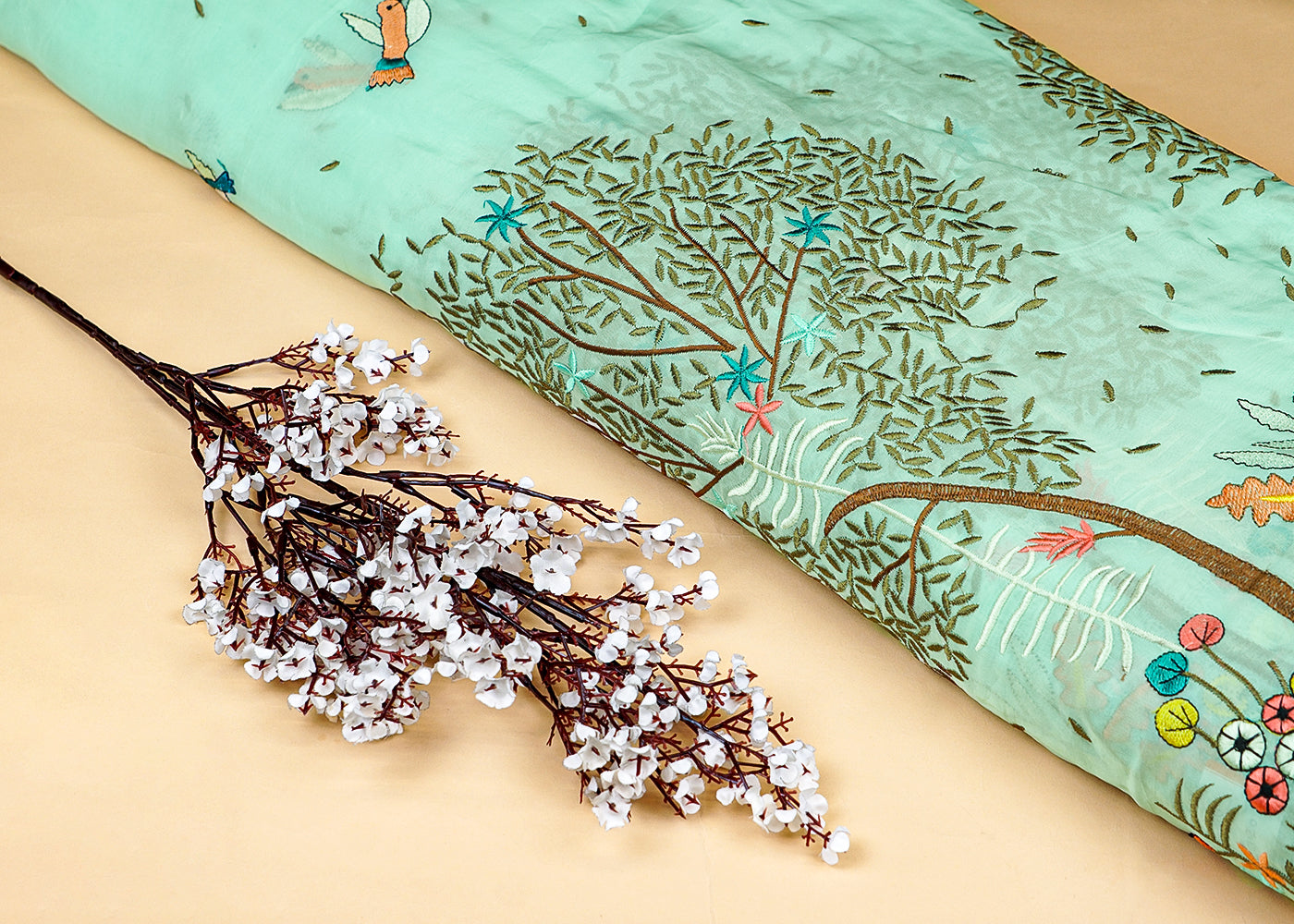 Sea Green Organza Fabric With All Over Threadwork And One Side Heavy Scalloped Border 15538