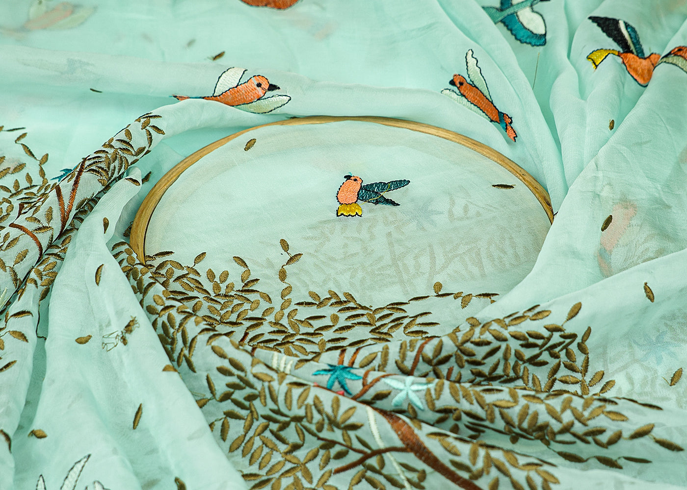 Sea Green Organza Fabric With All Over Threadwork And One Side Heavy Scalloped Border 15538